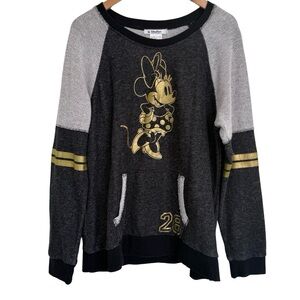 Disney Minnie Mouse Jersey Style Gray Metallic Gold Sweater Size XL